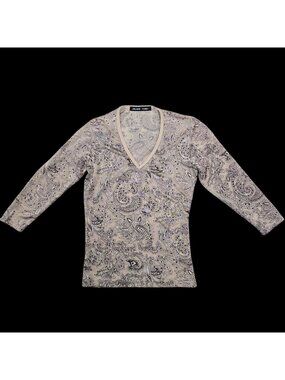 Y2K Jaloux Zalu Womens Beige Boho Cottage Sheer Paisley 3/4 Sleeves Top Small